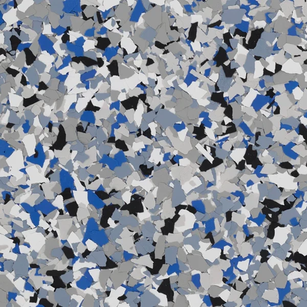 Blue, gray, and black decorative floor flakes