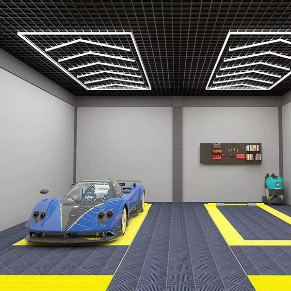 Home parking areas --Blue supercar in a modern garage with grid ceiling