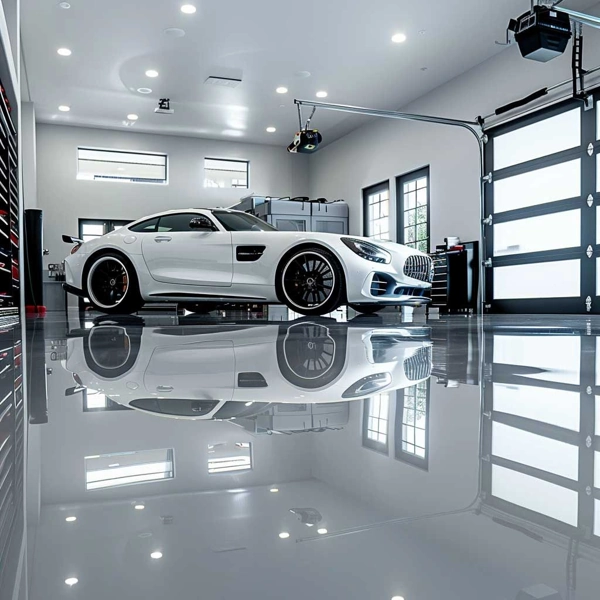 Showroom garages--White luxury car on a high-gloss reflective floor
