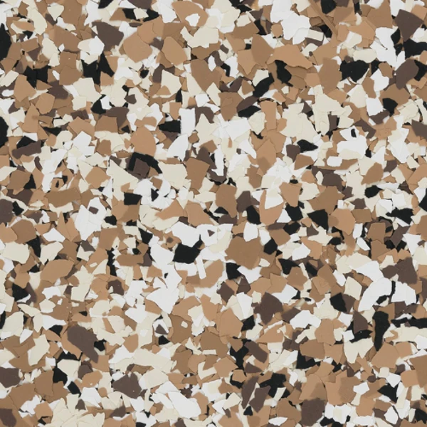 Tan, brown, black, and white decorative floor flakes
