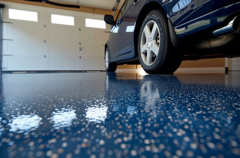 glossy blue epoxy garage floor with decorative flakes