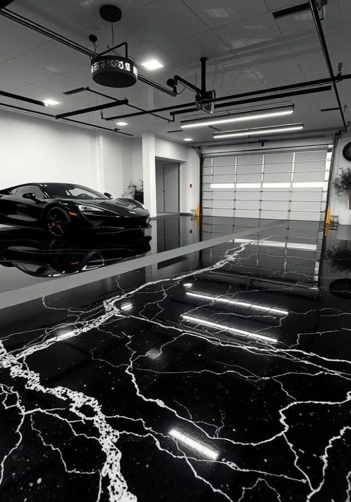 Black and white marble-effect metallic epoxy garage flooring with a high-gloss seamless finish