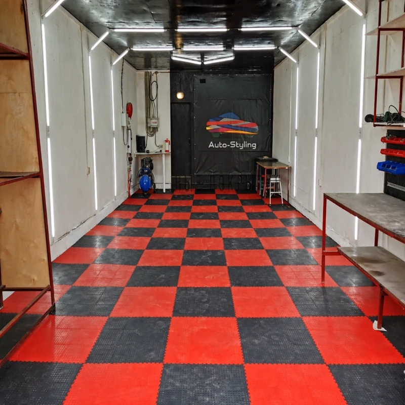 Checkered pvc garage flooring installation for automotive workspaces