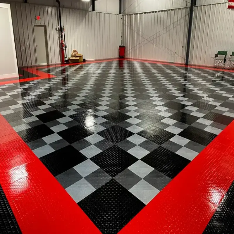 Custom checkered pvc garage flooring tiles featuring a slip-resistant tread pattern