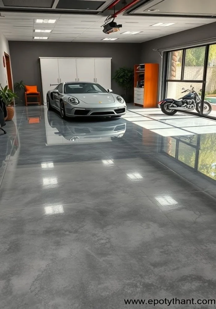 Custom grey marbled epoxy garage flooring reflecting a luxury sports car