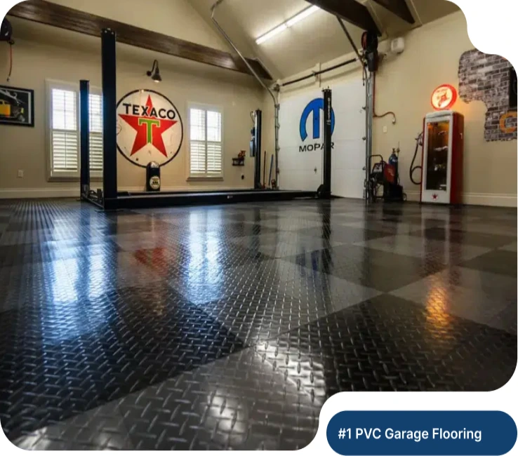 Diamond plate pvc garage flooring tiles in a high-end custom garage