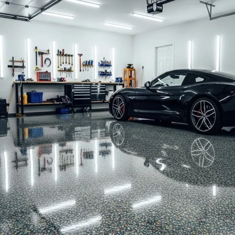 Durable decorative chip epoxy garage flooring reflecting bright LED workshop lights and a black sports car.