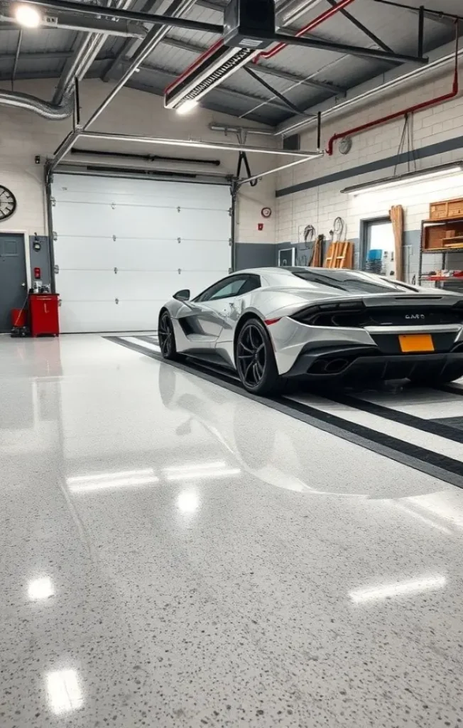 Grey decorative flake epoxy garage flooring with custom black borders and a high-gloss protective topcoat