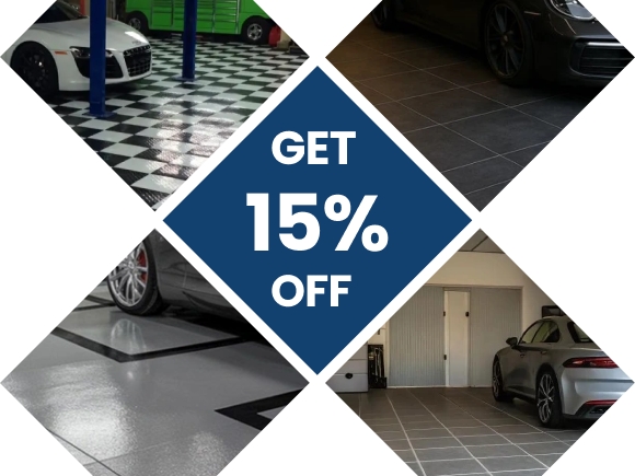 Garage tile flooring Dubai discount offer featuring 15% off on checkerboard, matte grey, and high-gloss epoxy-style tile installations for luxury garages.