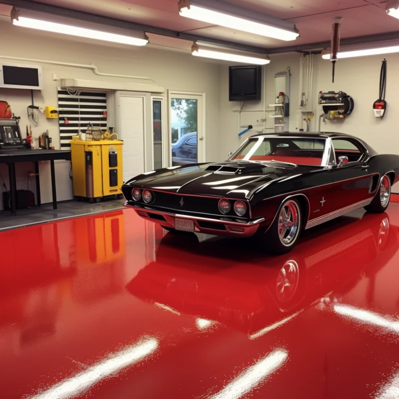 High-gloss solid red epoxy garage flooring with a mirror-like reflective finish in a custom garage