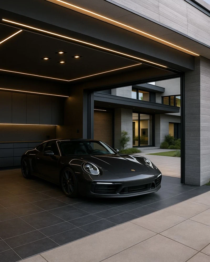 Modern garage tile flooring with a seamless dark grey matte finish