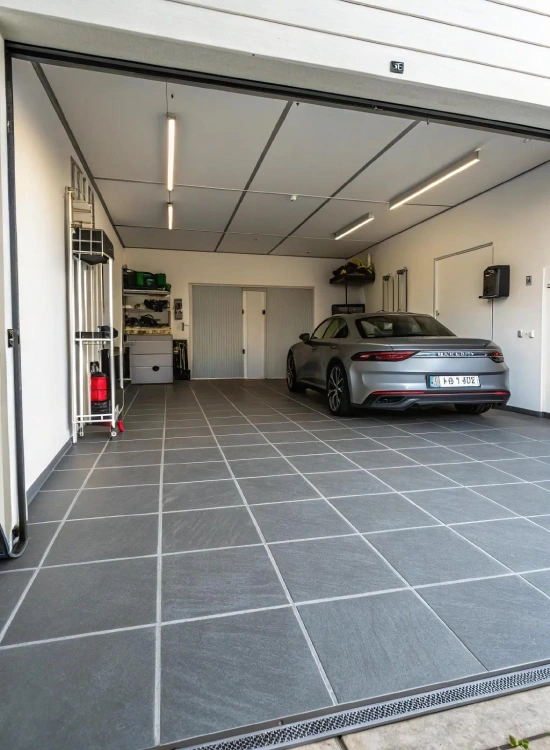 Premium garage tile flooring in Dubai featuring large matte grey interlocking tiles in a clean, modern luxury car garage.